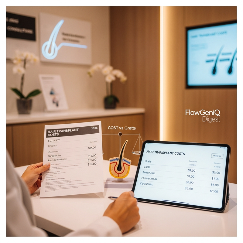 Hair transplant costs infographic card illustrating graft count, FUE vs FUT, and total estimate factors