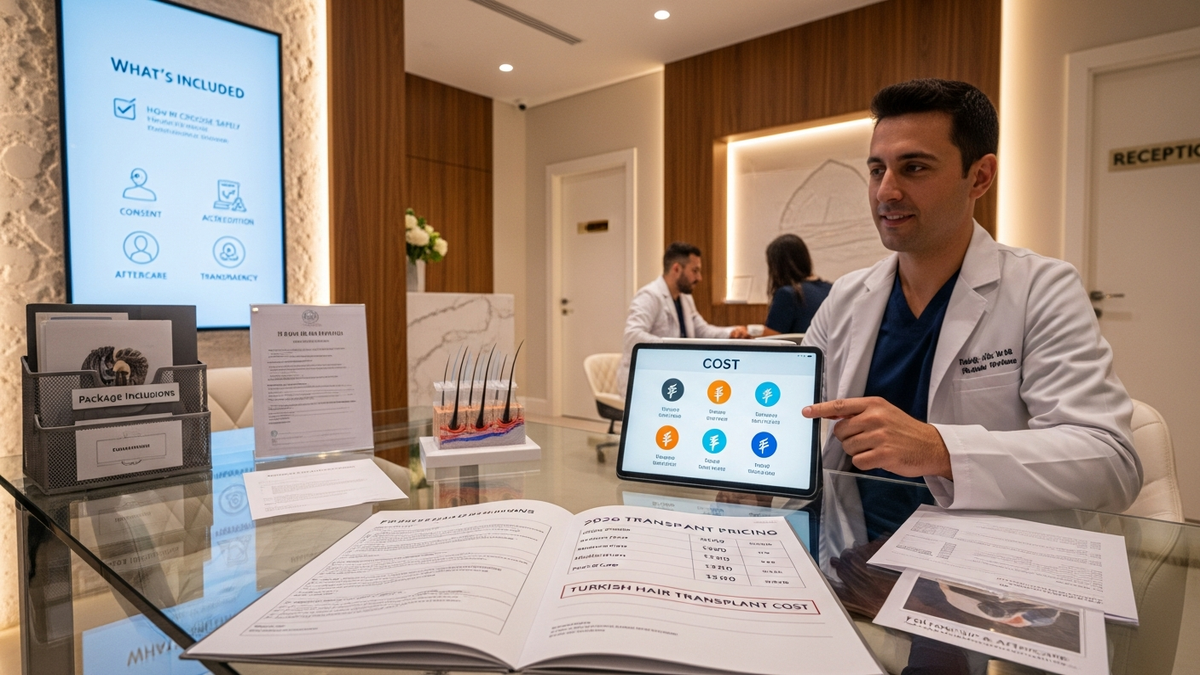 Turkish hair transplant cost guide image showing a modern clinic setting with medical professionals and natural hair restoration results
