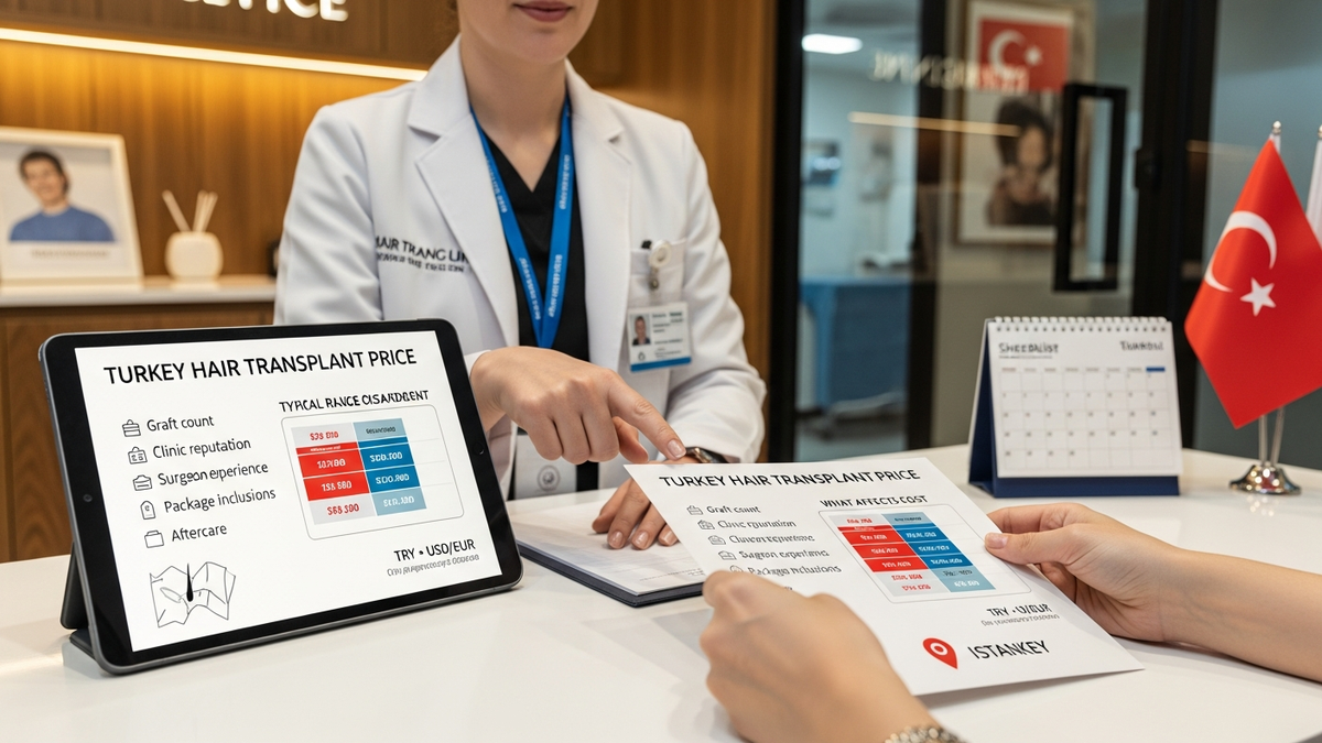 Turkey hair transplant price guide showing a patient consultation and clinic-style evaluation for hair restoration planning