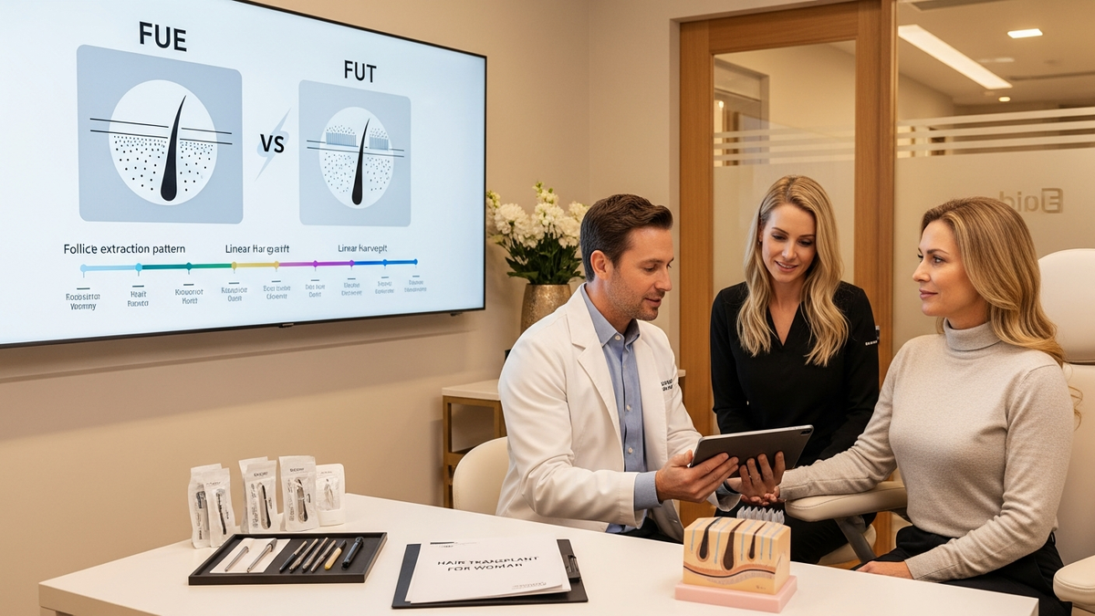 Woman considering hair transplant options with FUE and FUT techniques