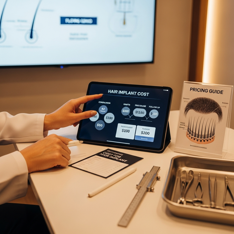 Hair implant cost factors infographic for FUE and FUT pricing