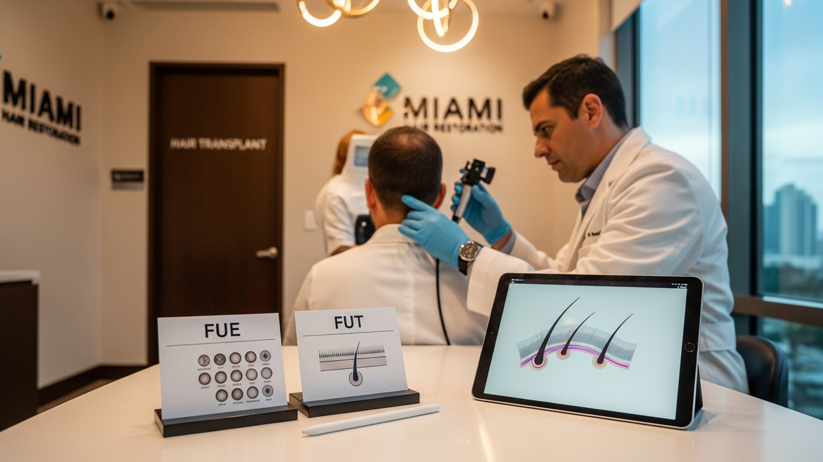 Hair transplant Miami Florida consultation discussing FUE vs FUT for natural hairline planning