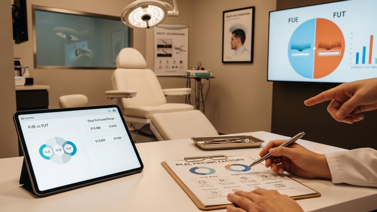 Hair transplant operation cost guide illustration showing a consultation checklist and FUE/FUT options in a modern clinic setting
