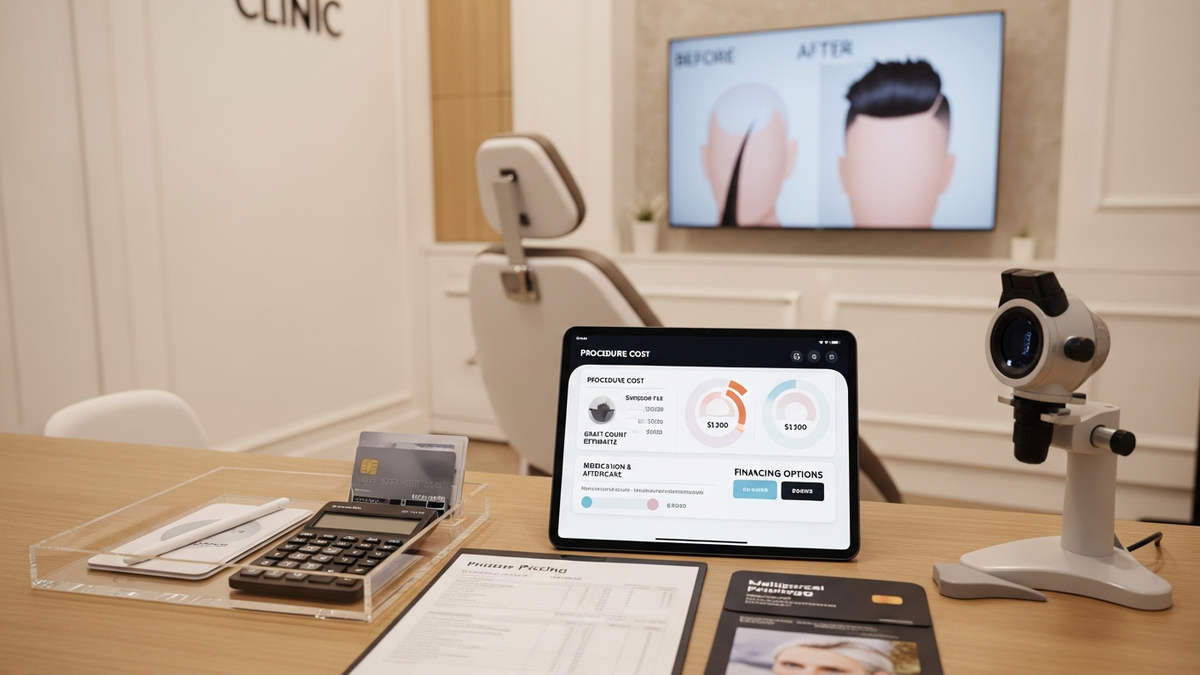 Hair transplant expenses guide showing a modern clinic consultation setting with a patient and clinician discussing FUE and FUT planning