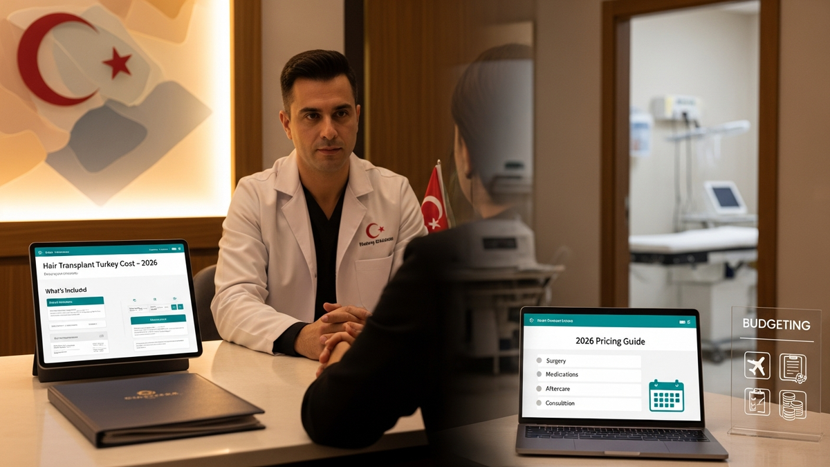 Hair transplant Turkey cost guide featuring a patient consultation setting and clinic-style visuals for hair restoration planning