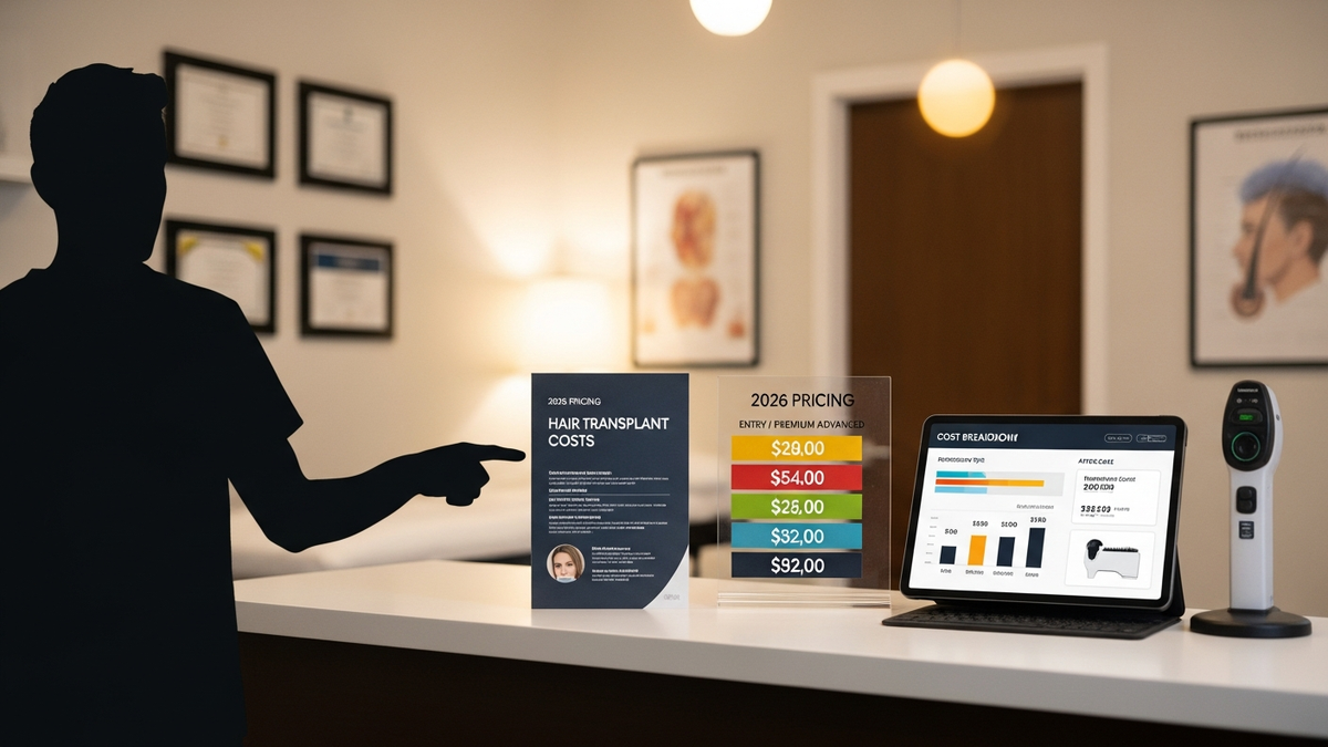 Hair transplant costs guide showing a patient consultation and surgeon discussing FUE and FUT options
