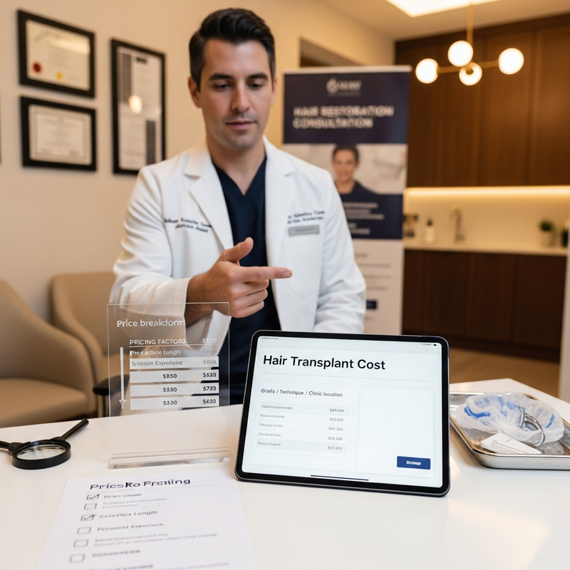 Surgeon reviewing hair transplant pricing factors and expected results