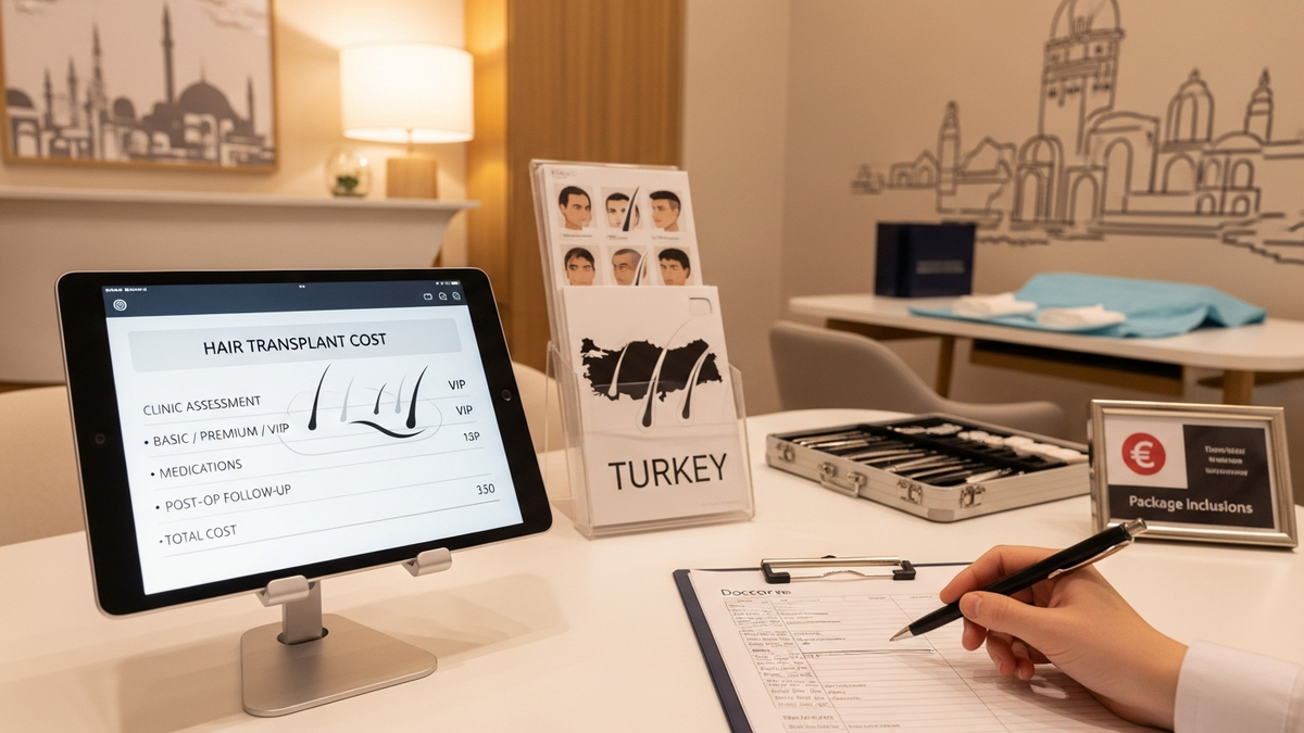 Hair transplant in turkey cost guide showing clinic consultation, graft planning map, and FUE procedure discussion