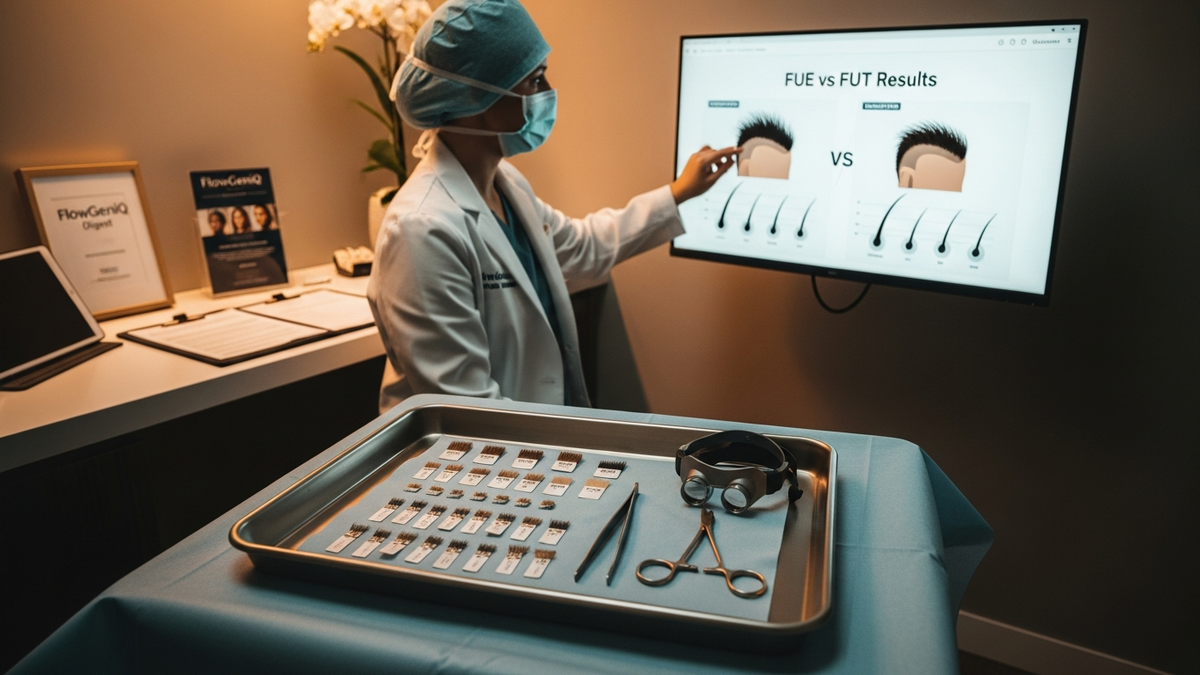 Hair plugs transplant consultation discussing FUE and FUT options