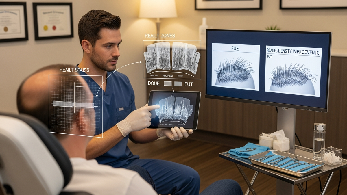 Hair transplant for men consultation discussing FUE vs FUT and expected results