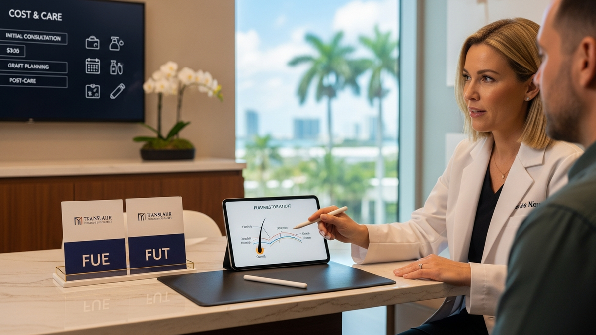 Miami hair transplant clinic consultation for FUE and FUT planning
