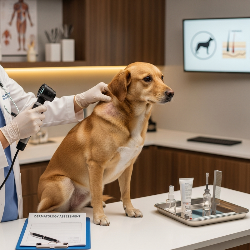 Dog skin exam to diagnose hair loss causes and treatment needs