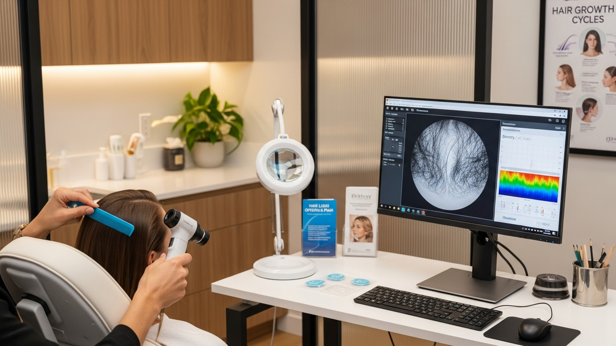 Woman reviewing hair loss treatment options with dermatologist in clinic
