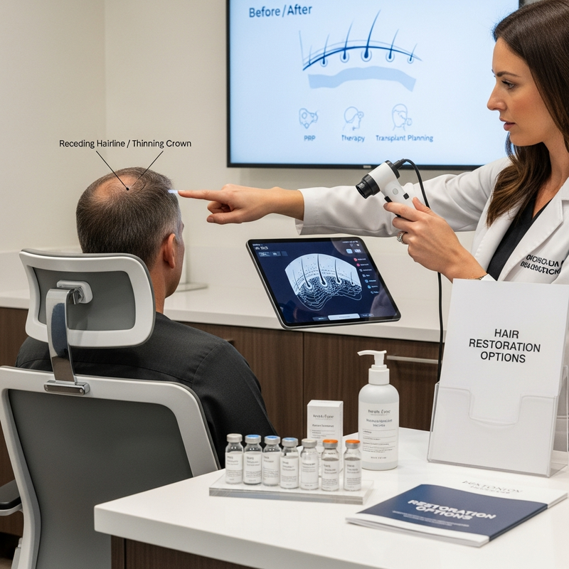 Men tracking loss hair treatment progress for thinning hair