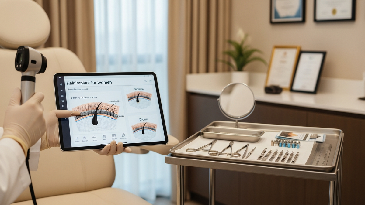 Woman considering hair implant for women consultation for natural hair restoration