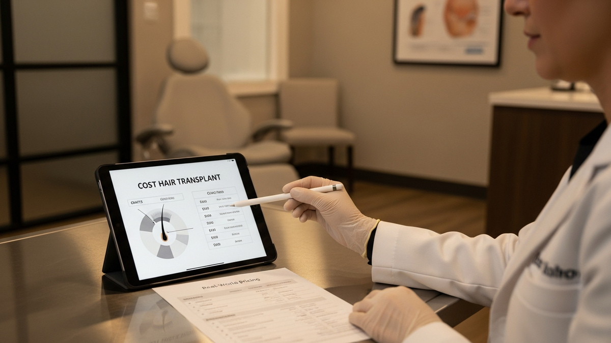 Cost hair transplant pricing guide with a patient reviewing FUE and FUT options in a modern clinic setting