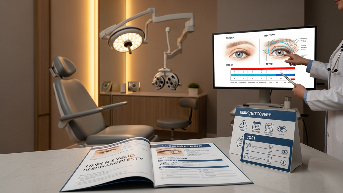 Blepharoplasty upper eyelid surgery cost risks and recovery guide with patient consultation setting and natural eyelid contour results