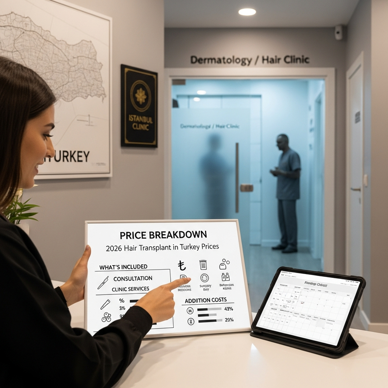 Hair transplant in turkey prices infographic-style card showing FUE and FUT cost comparison checklist
