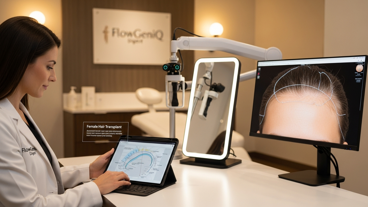 Woman consulting about female hair transplant for natural density restoration