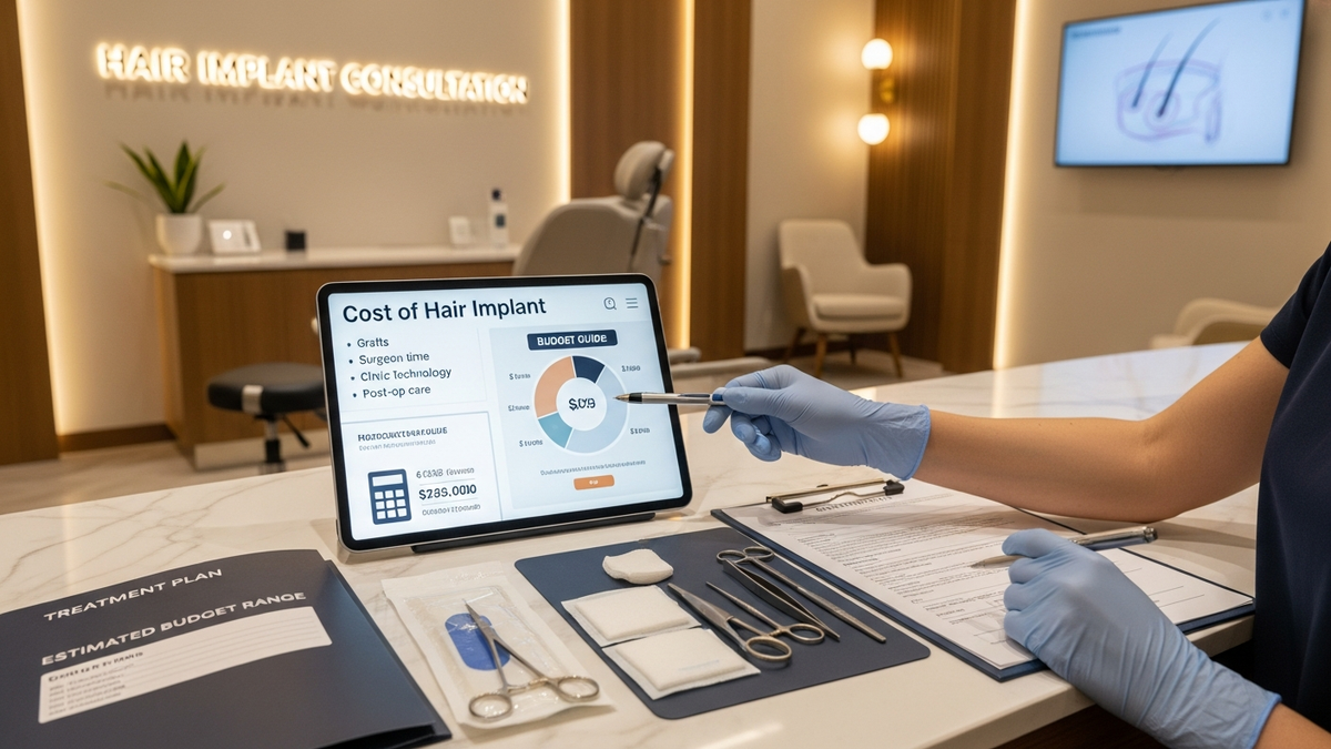 Patient discussing cost of hair implant during a hair restoration consultation