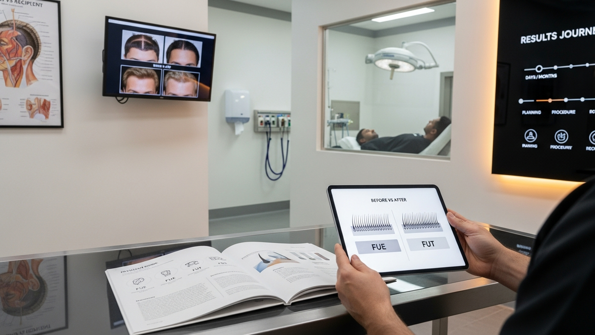 Mens hair transplant consultation discussing FUE vs FUT for natural results