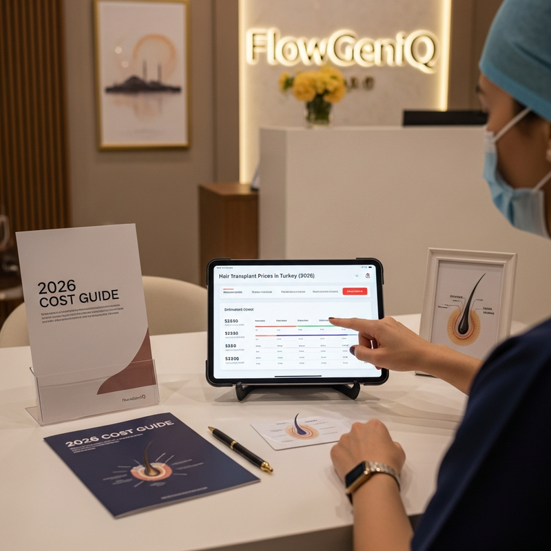 Hair transplant prices Turkey checklist card with FUE and FUT icons and a surgeon consultation backdrop
