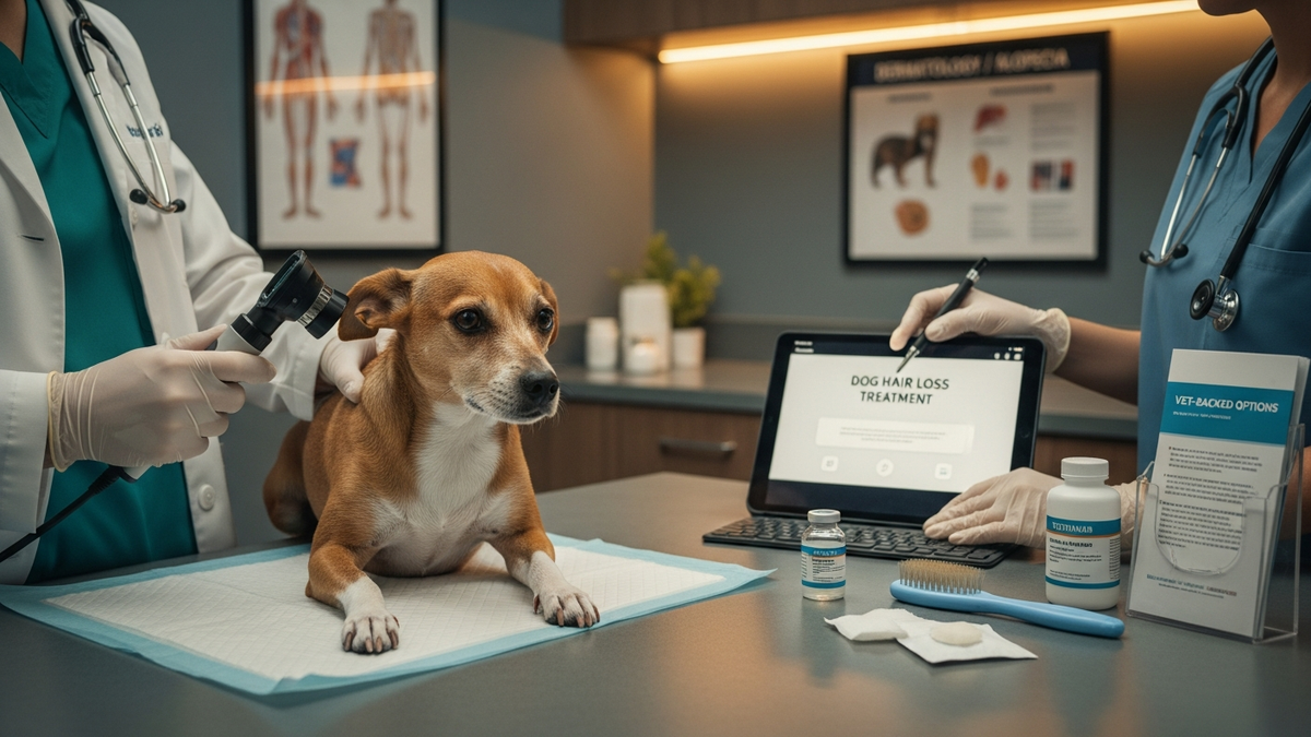 Veterinarian examining dog with hair loss patches and inflamed skin