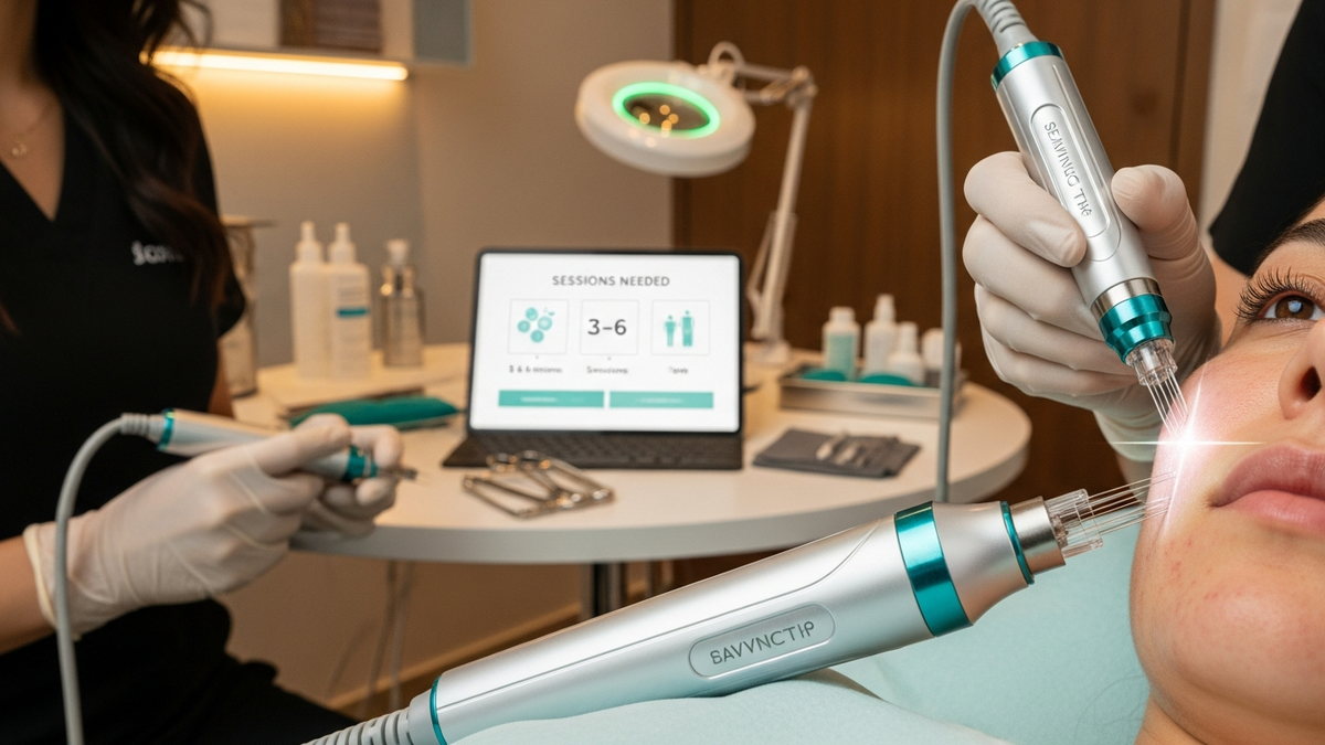 Micro needling for acne scars: clinician preparing a patient’s face with a microneedling device to improve scar texture