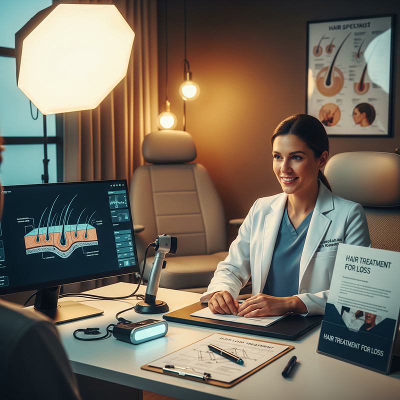 Hair treatment for loss plan with hair transplant options and scalp exam