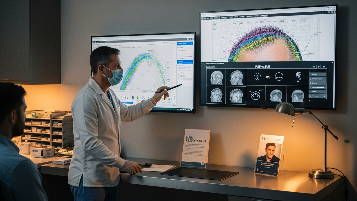 Patient consultation with a hair transplant surgeon discussing FUE and FUT options