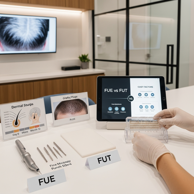 Hair plugs transplant result planning card with FUE vs FUT comparison and natural hairline design