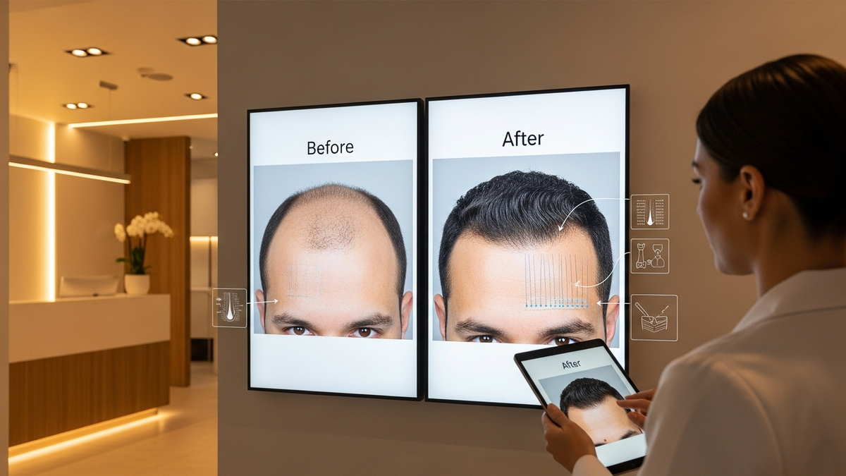 Before and after hair transplant timeline with shedding and regrowth stages