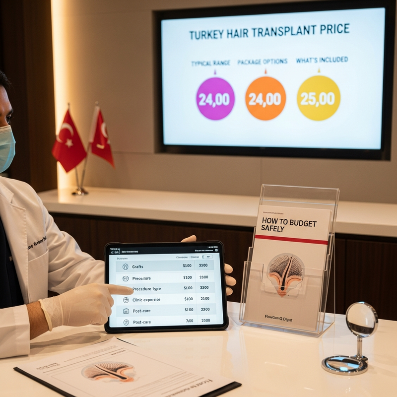 Turkey hair transplant price infographic-style card with FUE and FUT options and budget checklist