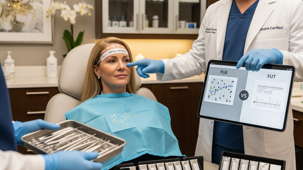 Woman considering hair transplant options with FUE and FUT consultation