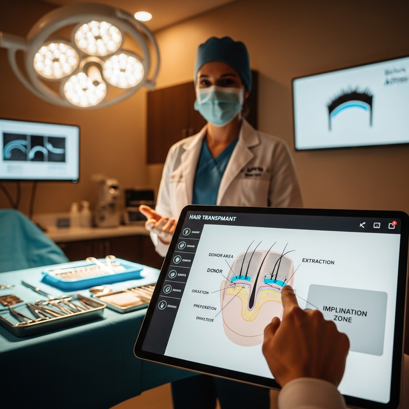 Surgeon preparing hair transplant grafts for FUE hair restoration