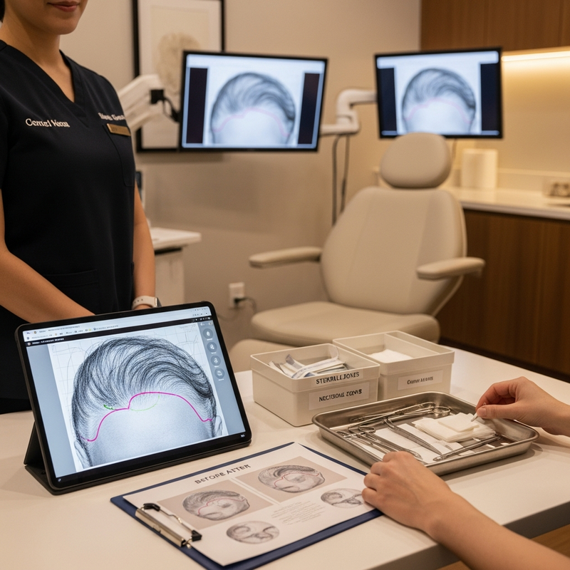 Surgeon reviewing hair transplant plan at a hair transplant clinic