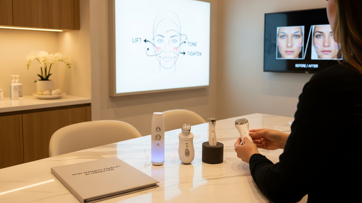 Best non-surgical facelift alternatives for aging skin overview with a confident model and treatment-focused imagery in a modern clinic setting