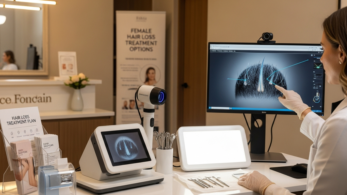 Woman researching best hair loss treatment for female hair thinning options