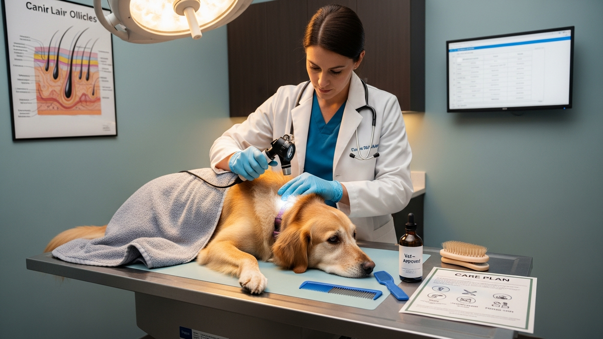 Vet examining a dog’s skin for hair loss dog treatment and allergy or parasite causes