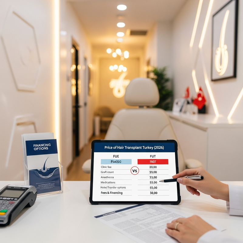 Square image card illustrating hair transplant planning, graft estimation, and the price of hair transplant turkey concept