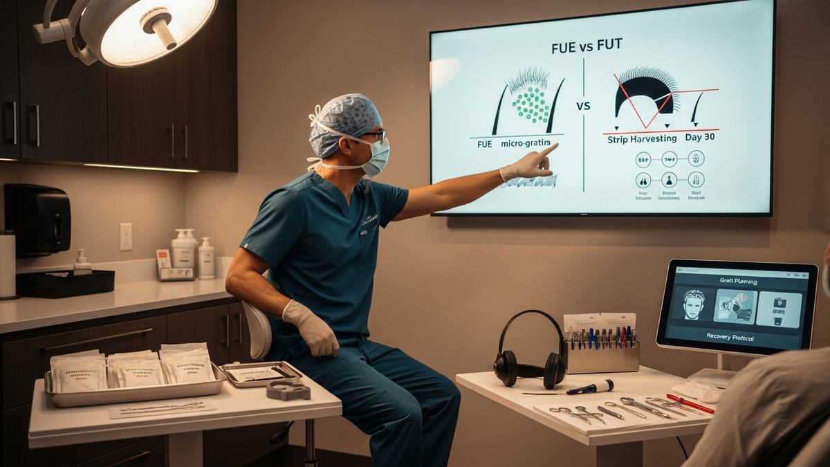 Hair implant surgeon discussing FUE vs FUT graft planning for natural hairlines