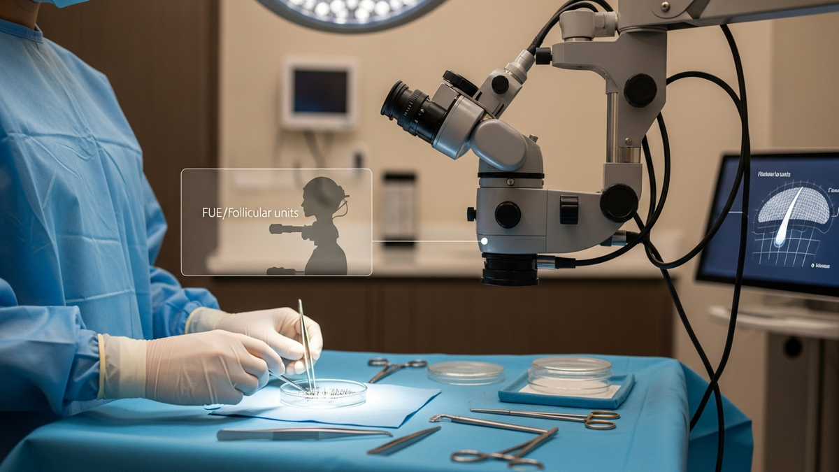 Follicular unit extraction hair transplant graft harvesting under microscope for precise placement
