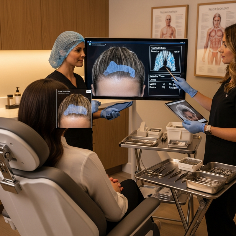 Female patient reviewing hair transplant surgery options with a surgeon