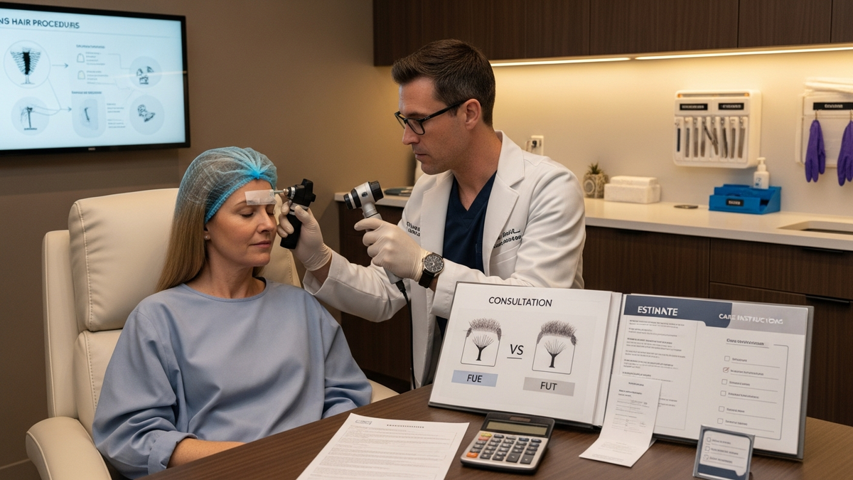 Close-up of a woman discussing ladies hair transplant options with a surgeon