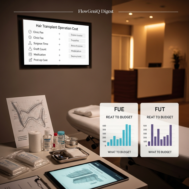 Hair transplant operation cost snapshot card featuring FUE vs FUT pricing factors and graft planning