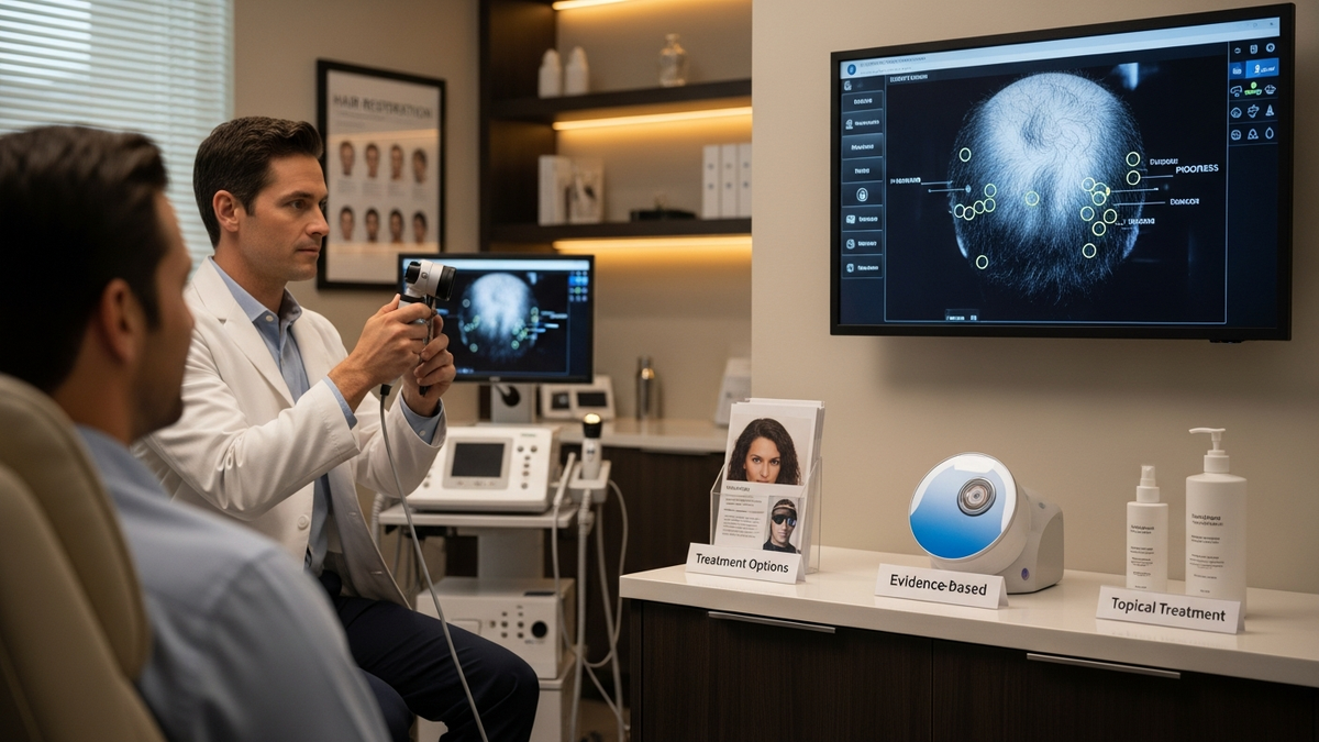 Men considering men's hair loss treatment options with dermatologist guidance
