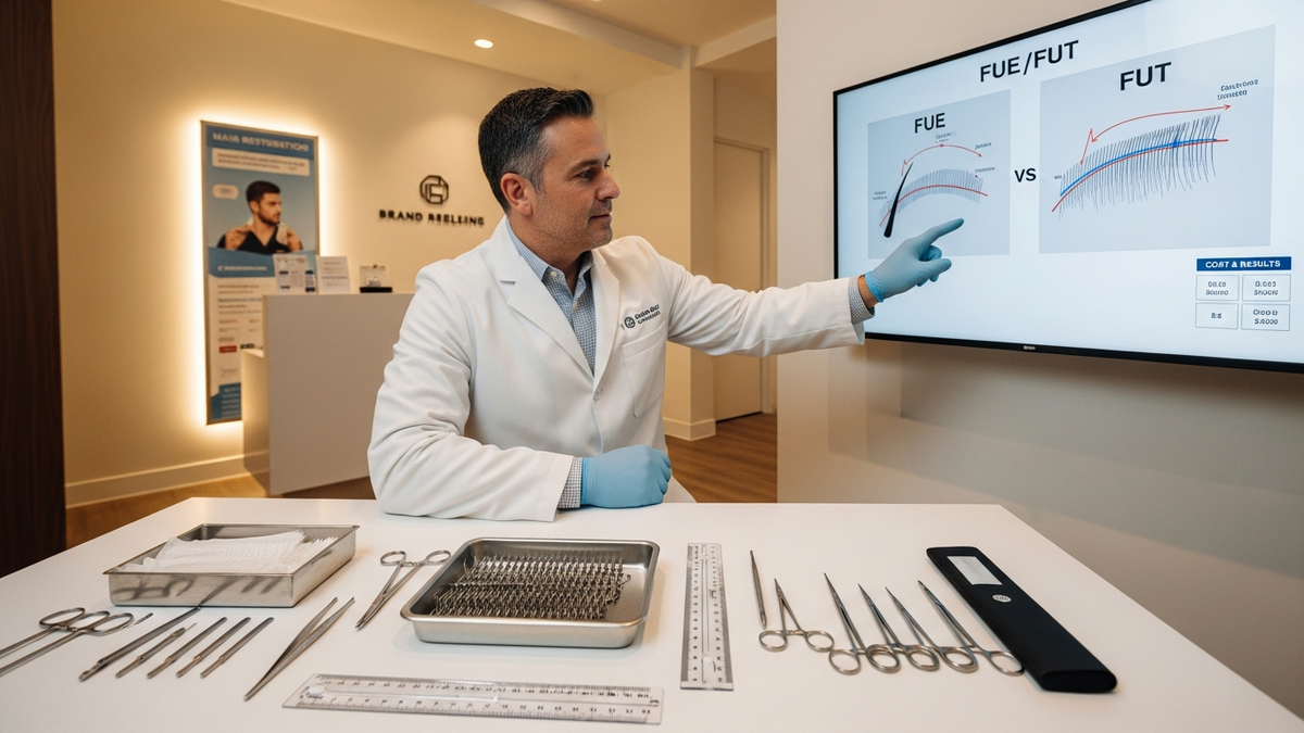 Man considering hair implant options with surgeon consultation