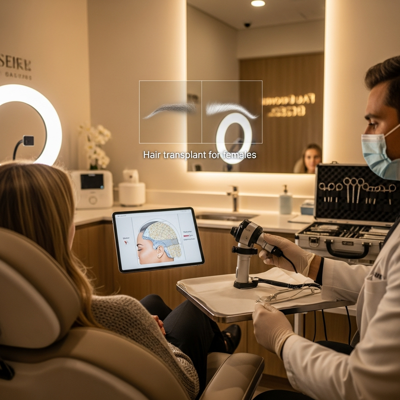 Hair transplant for females focused on part line coverage and natural growth direction