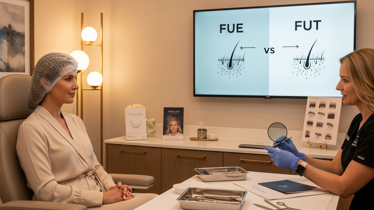 Hair transplant woman comparing FUE and FUT options for natural hair restoration