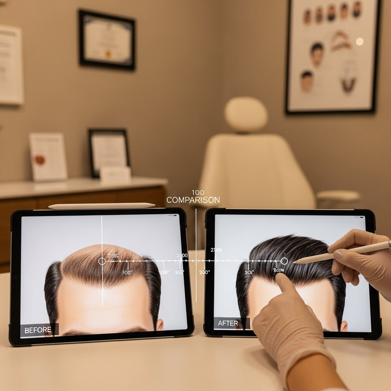Before and after hair transplant surgery results overview with growth stages